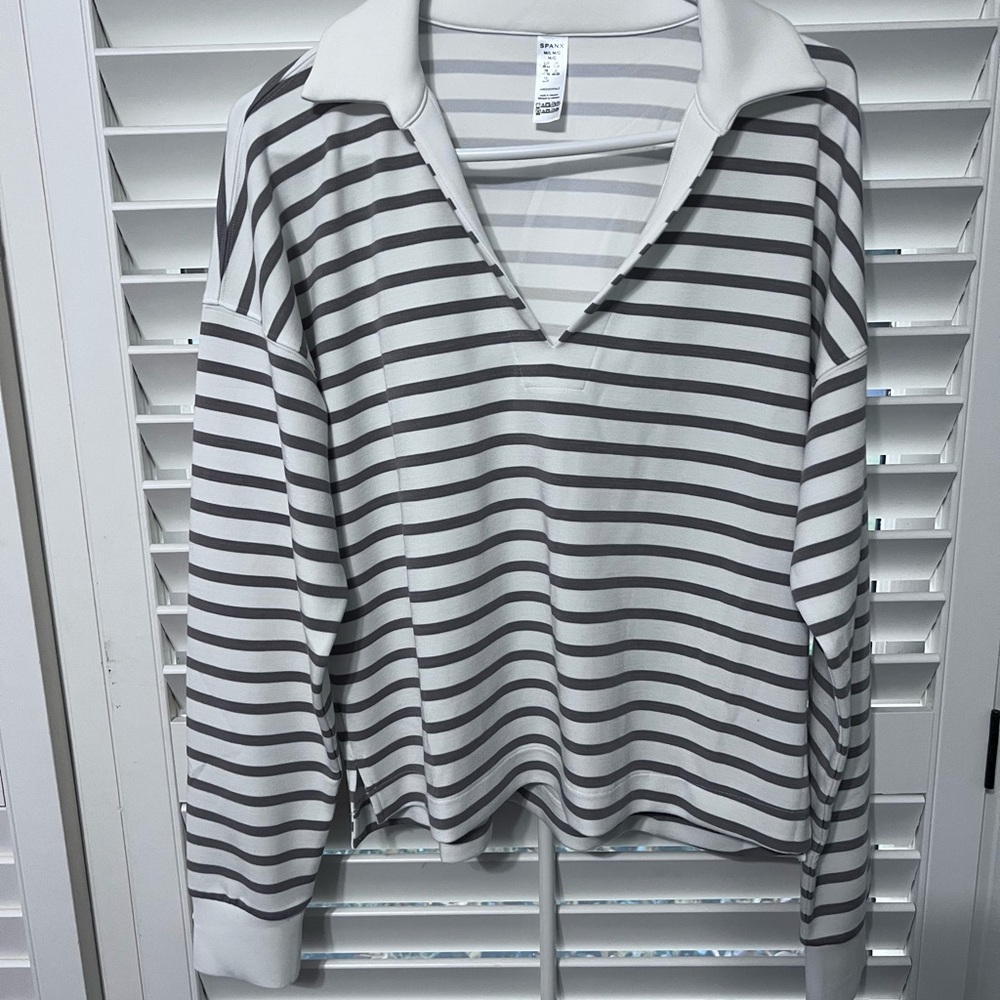 SPANX Striped Long Sleeve Polo Shirt